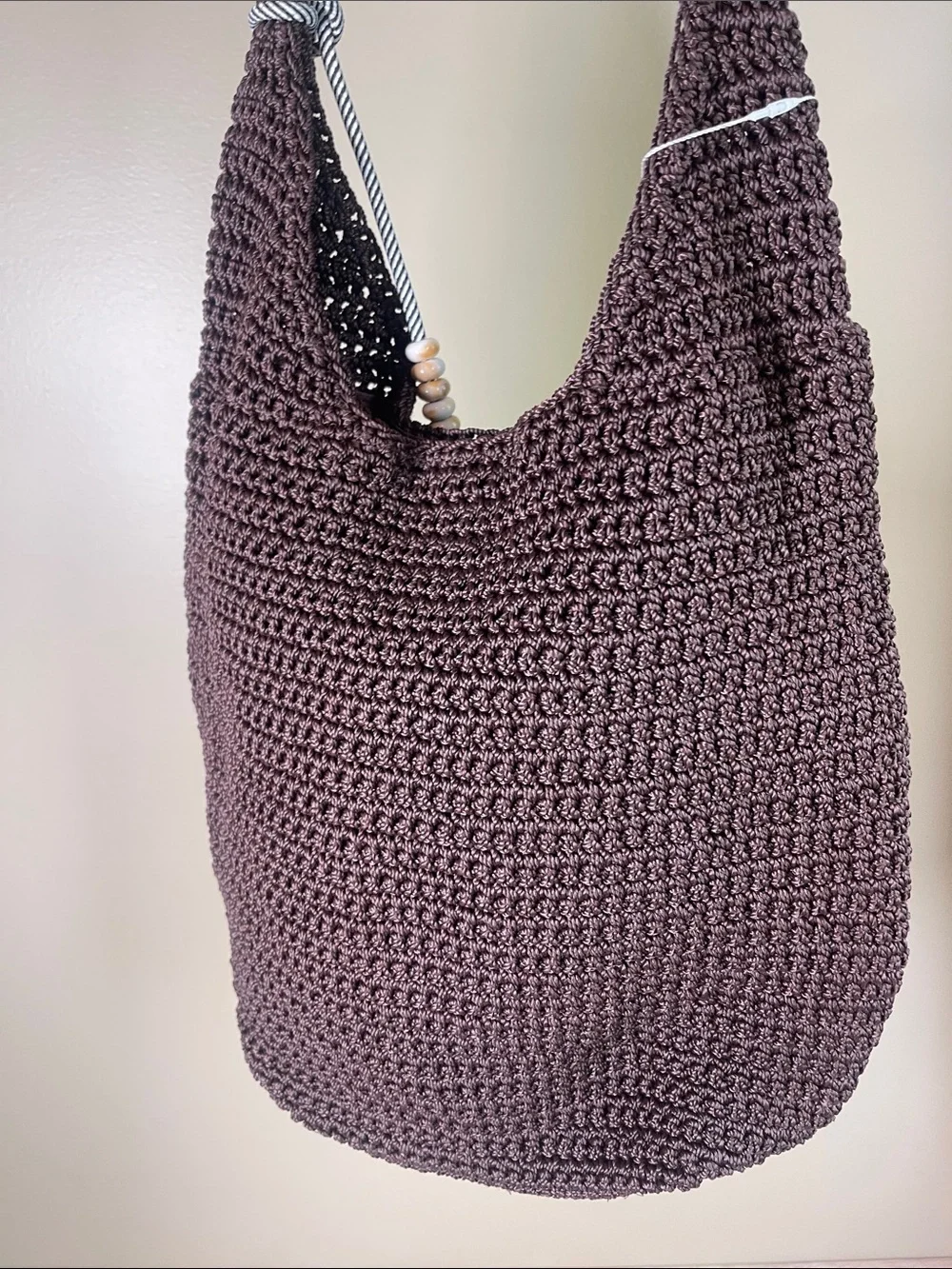Tommy Bahama Dark Brown Crochet Shoulder Bag with Beaded accent charm - Picture 6 of 9